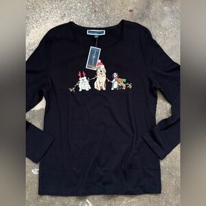 Karen Scott Petites NWT Christmas Dog Holiday Long Sleeve Tee PL